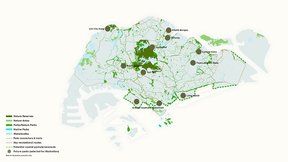 Map of the green and blue spaces that house Singapore's natural habitats also support our recreational needs. 